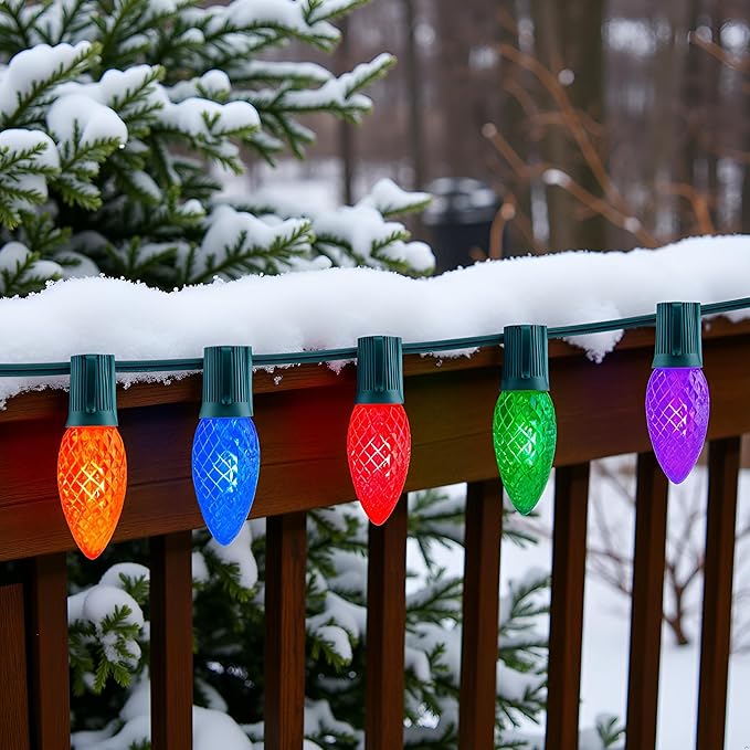 YULETIME Multicolor C9 LED Christmas Lights, 25 Feet 25 Count 12" Spacing Faceted Strawberry Bulbs UL Certified Outdoor String Light Set (Multicolor)