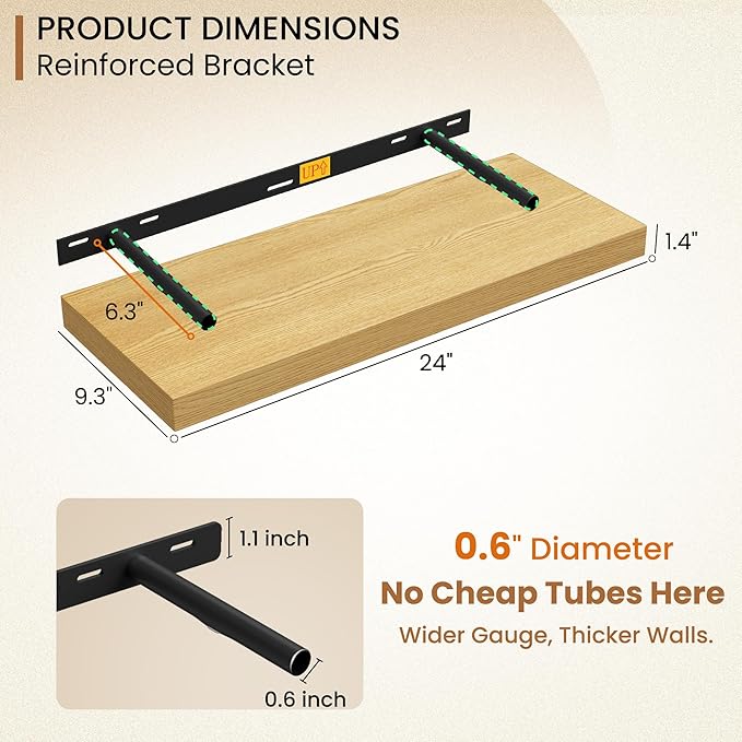 Fun Memories 24 Inch Floating Shelves for Wall, 9.3Inch Deep Floating Shelf, Extra Deeper & Thicker Wall Mounted Storage Shelf for Kitchen, Farmhouse, Oak, 2 Pack