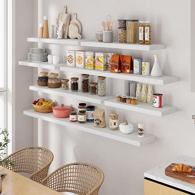 Fun Memories 55 Inch Floating Shelves for Wall, 55x9.3 Large Floating Shelf for Bedroom, Kitchen, Bathroom, Wall Mounted Rustic Wood Shelves with Invisible Bracket for Books, Decor, White