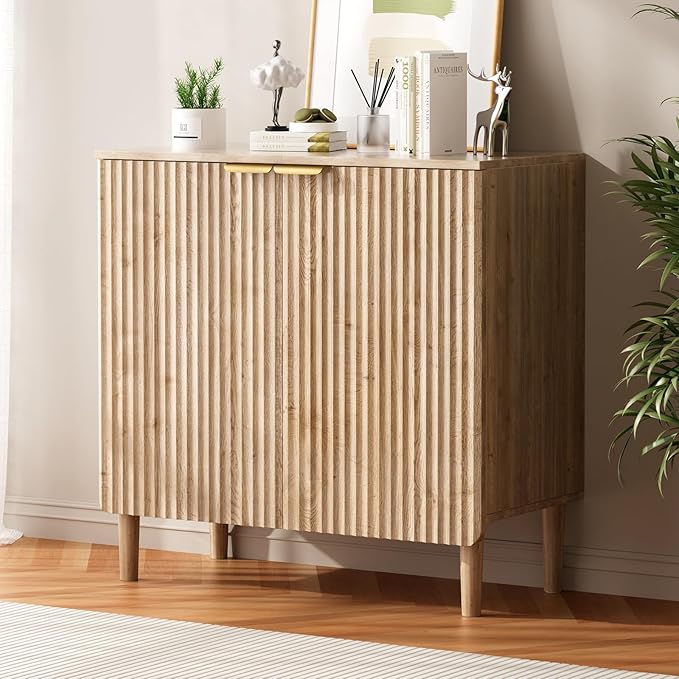 Sideboard Buffet Storage Cabinet - Wood Cabinets with Adjustable Shelves Fluted Doors, Anti-Tip Console Table for Kitchen Dining Living Room or Entryway Hallway, Easy Assembly, Natural