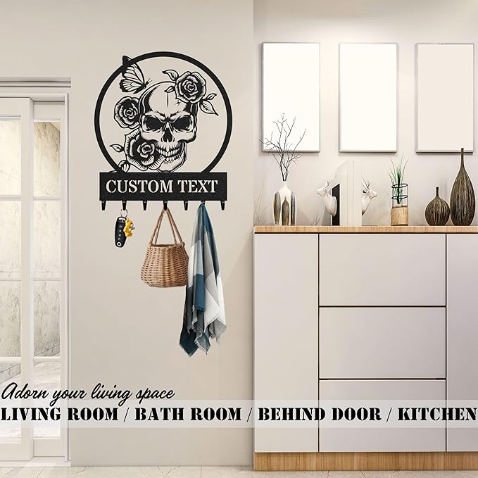 Personalized Key Holder for Wall, Custom Metal Rose Skull Key Hooks with Name, Metal Jacket Holder Hooks Organizer Rack, Coat Hanger Decor for Kitchen, Entryway, Hallway, Office
