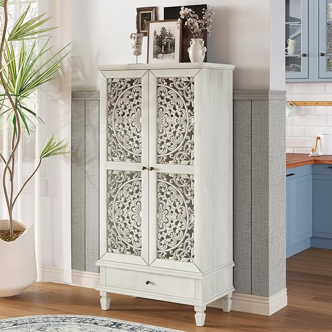 Rustic 55'' Tall Storage Cabinet with 2 Hollow-Carved Doors a Drawer, Wood Accent Cabinet with Solid Wood Legs for Living Room, Hallway, Dining Room (Grey White-T)