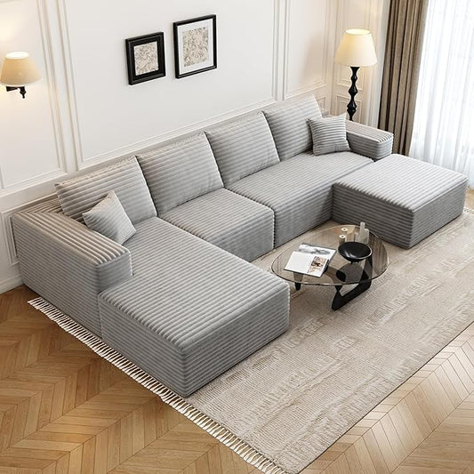 135.4" Cloud Modular Sectional Sofa with 1 Ottoman,Modern Minimalist Upholstered Couches, Comfort U Shaped Sofa for Living Room,Deep Seat Corner Couch，No Assembly Required (Grey,Left Facing Chaise)