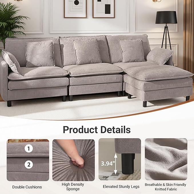 Claiks 110" Modular Sectional Sofa, Cloud Couch with Ottoman, U-Shaped 5-Seater Sofa in Chenille Fabric, Deep Seat Comfy Couch with Pillows for Living Room & Offices, Light Gray