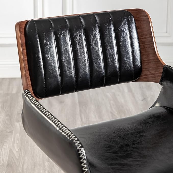 LUNLING Swivel Accent Faux Leather Dining Chairs Set of 4,Mid Century Modern Chairs with Wooden Legs/Armrest/Upholstered Seat/Adjustable Foots for Kitchen Dining Room Desk Chairs,Black