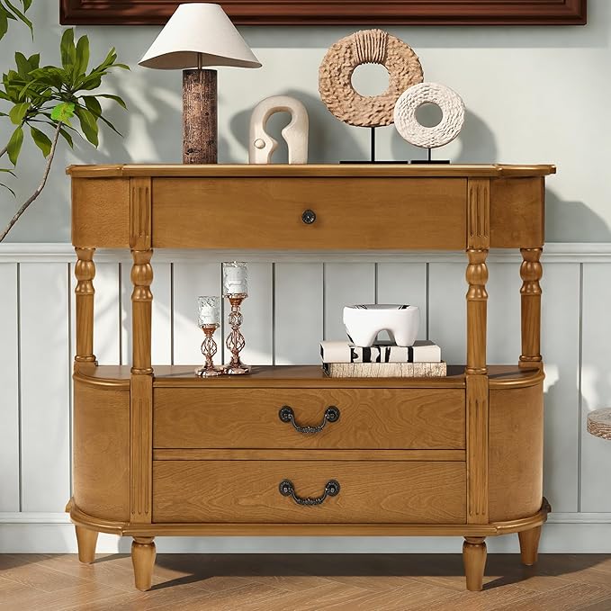 Amposei Retro Curved Entryway Console Table 43’’ Wood Half Moon Slim Entry Sofa Table with Drawers and Storage Shelf for Living Room Entrance Hallway Bedroom, Brown