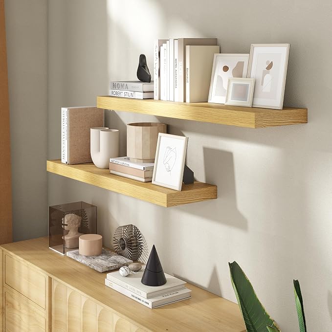 36 Inch Floating Shelves for Wall, 8 Inch Deep Floating Shelf for Storage & Display, Rustic Wall Mounted Shelf with Invisible Brackets for Living Room, Kitchen, Bathroom, Home Decor, Set of 2, Oak
