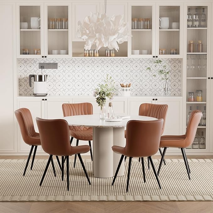 Dining Chair Set of 6,Comfortable PU Leather Dining Room Chairs Upholstered Comfy Dining Chairs Modern Kitchen Armless Side Chair with Sturdy Metal Legs,Umber