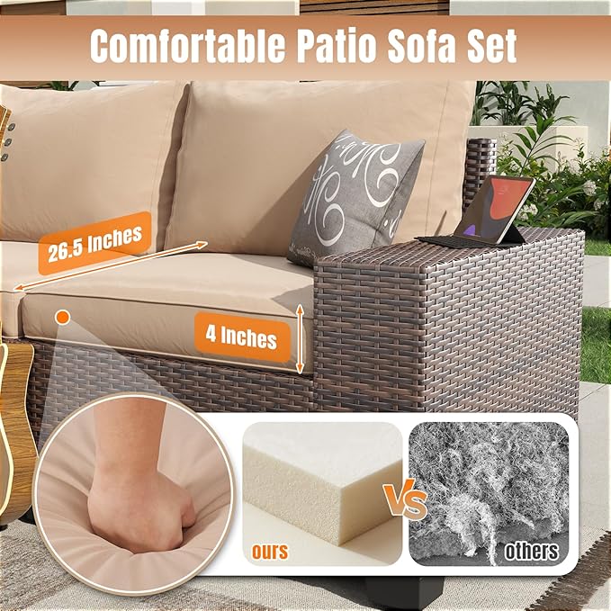 Aoxun 6 Pieces Patio Furniture Set Wicker Rattan Outdoor Sectional Conversation Set with Coffee Table and 4” Thickened Cushions, Beige (Waterproof Cover Included)