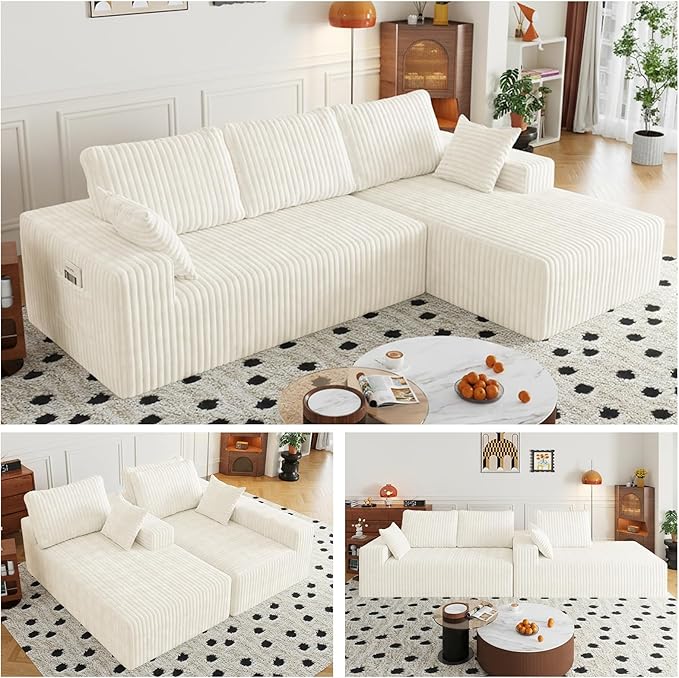 108" Sectional Couches for Living Room, Modular Sectional Sofa with L-Shape Chaise, Boneless Couch, Comfy Corduroy Fluffy Couch with Deep Seat and Side Pockets, No Assembly Required