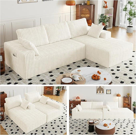 108" Sectional Couches for Living Room, Modular Sectional Sofa with L-Shape Chaise, Boneless Couch, Comfy Corduroy Fluffy Couch with Deep Seat and Side Pockets, No Assembly Required