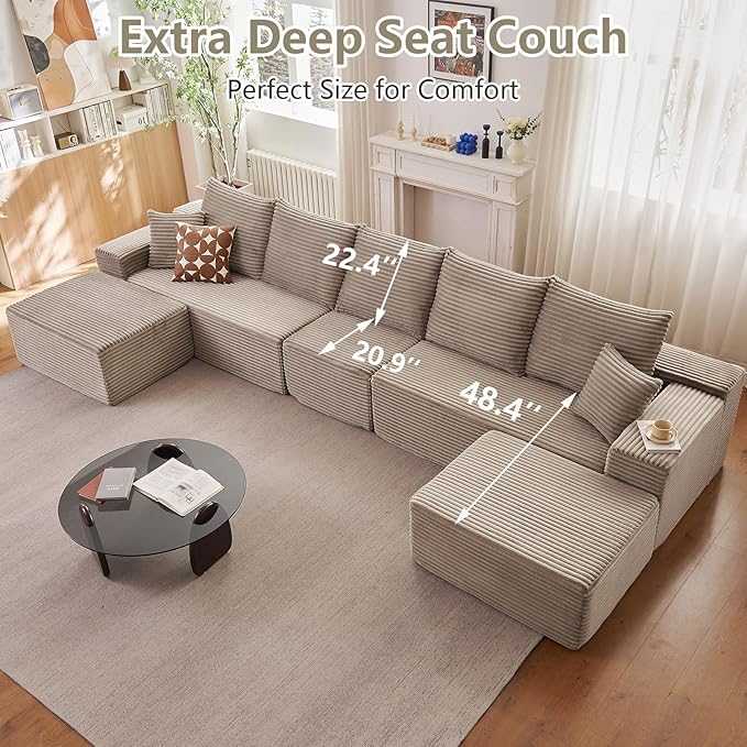167.7" Sectional Cloud Couch for Living Room, Stupendous U Shaped Sofas, Modular Floor Deep-Seat Sofa, Big Comfy Corduroy Couches Set with Fluffy Memory Foam, No Assembly Required, Camel
