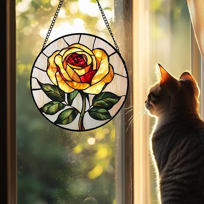 Stained Glass Window Hanging - Elegant Yellow Rose Flower Sun Catcher for Door Garden Home Decor Suncatcher Christmas Mother's Day Birthday Gifts for Women Mom Girl Nana Friend 6.3 in