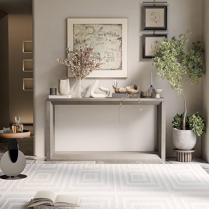 60" Rectangular Solid Wood Veneer Console Table for Entryway, Wide Sofa Table, Behind Couch Table with Ample Storage for Entryway & Living Room, Grey