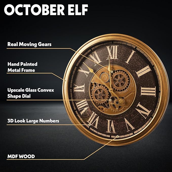 October Elf Large Real Moving Gears Wall Clock 24 Inch Vintage Industrial Steampunk Large Big Metal Wall Clock for Living Room Decor (24 Inch Roman Antique Brass Brown)