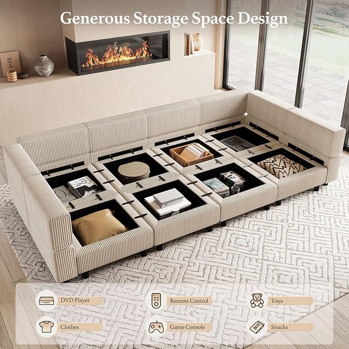 114.2" 8 Seat Modular Sectional Sofa with Deep Storage Seat, Comfy Corduroy Sectional Couch Convertible Modular Sleeper Sofa Couch with Movable Ottoman Chaise, Beige