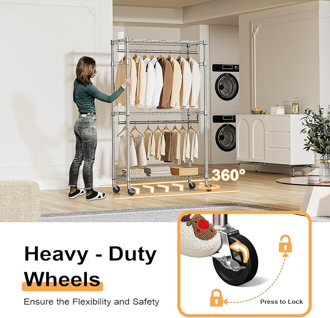Heavy Duty Rolling Garment Rack 3 Tiers Adjustable Wire Shelving Clothes Rack with 2 Rods and Side Hooks,Storage Closet Clothing Rack with Wheels Chrome 15.7" D x 29.5" W x 74.5" H