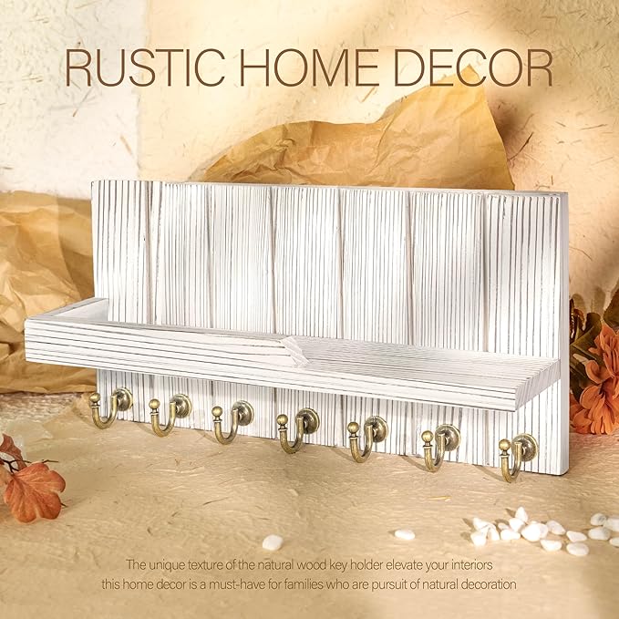 Rebee Vision Farmhouse Key and Mail Holder for Wall - Decorative Mail Organizer Wall Mount with 7 Hooks and Mounting Hardware - Elegant White Key Hanger for Entryway and Home Wall Decor (Whitewash)