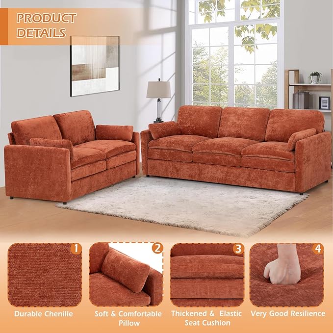 2 Pieces Chenille Sofa Set w/Arm Pillows, Upholstered Loveseat & 3 Seater Sofa w/Comfortable Back Cushions, Modern 2-Seat & 3-Seat w/High-Density Foam for Living Room, Apartment, Orange