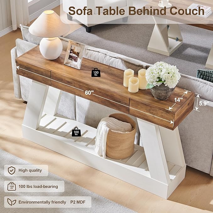OKD 60" Farmhouse Entryway Table with Drawer, Console Table Behind Sofa, Narrow Long Entryway for Hallway, Living Room, Hallway, Behind Couch(Antique White)