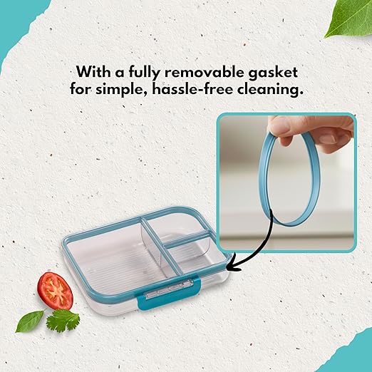 MyGo Pro Rectangular Container, 3-Compartment Clear Heavy Duty Plastic Food Storage Container, Portable Sleek Design, Spill-Resistant with Removable Gasket, 6.25" L X 9" W X 2" H