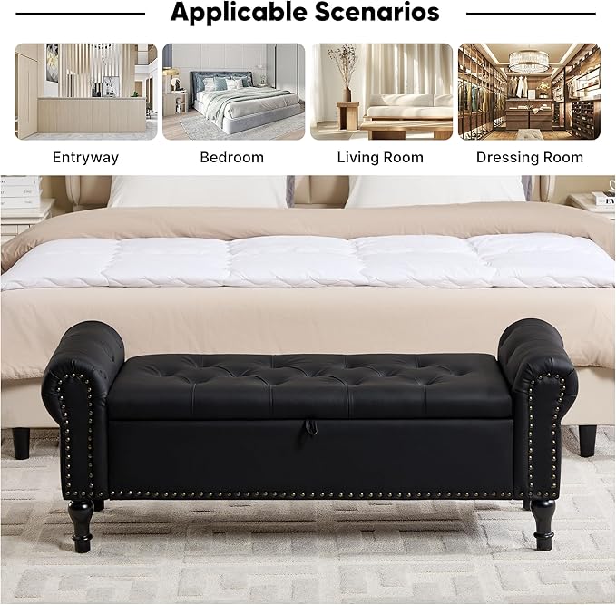 Storage Bench for Bedroom, 51" Upholstered End of Bed Bench, Faux Leather Queen Size Benches with Rolled Arms, Tufted Button Storage Long Ottoman, Living Room, Entryway, Black