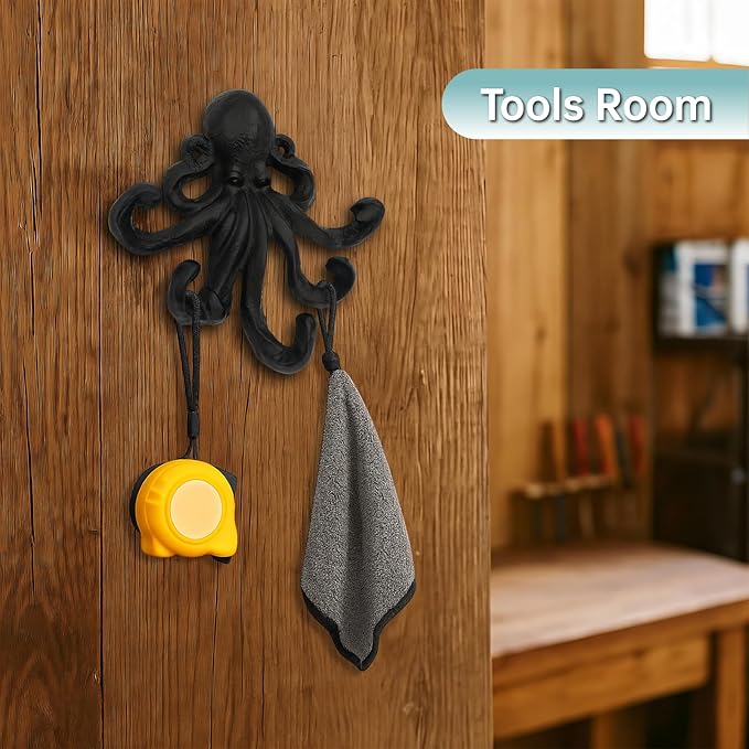 Octopus Cast Iron Wall Hook – Nautical Decorative Key Holder, Coastal Ocean Theme Wall Hanger for Entryway, Bathroom, or Bedroom, Heavy Duty Black Metal Hook