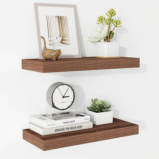 Fun Memories 16 Inch Floating Shelves for Wall, 9.3Inch Deep Floating Shelf, Extra Deeper & Thicker Wall Mounted Storage Shelf for Kitchen, Farmhouse, Walnut, 2 Pack