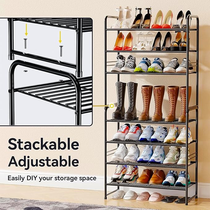 Stackable Shoe Rack, 4 Tier Closet Metal Shoe Organizer for Storage Shelf for Entryway, Bedroom, Holds up to 20 Pairs Shoes, Black