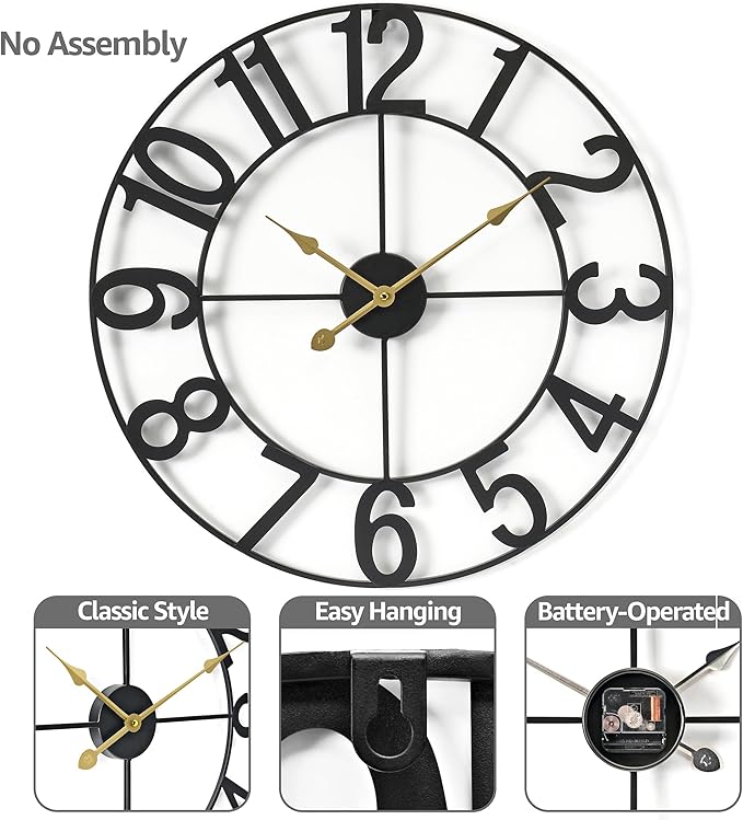 Sorbus 24-Inch Large Wall Clock – Decorative Black Metal Clock with Gold Hands – Silent, Battery Operated, Modern Wall Decor for Living Room, Kitchen, or Office – Great Gift for Housewarming or Office