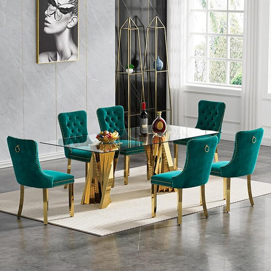 Goujxcy Modern 7 Piece Glass Dining Table Set Luxury Glass Kitchen Table and Chair Set for 6, 70" Large Rectangular Dining Room Table with 6 Tufted Chairs and Stainless Steel Legs (Gold & Green)