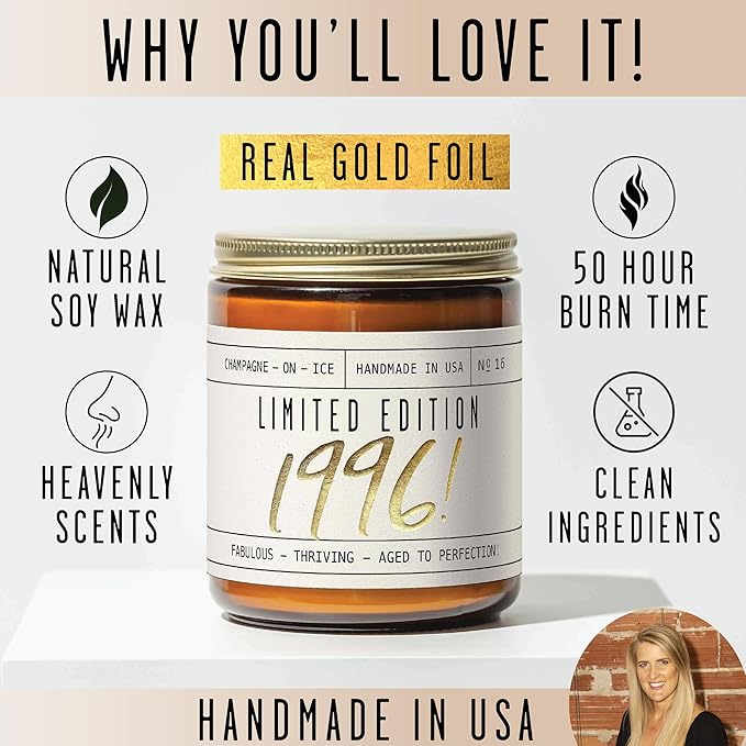 29th Birthday Gifts for Women - 'Limited Edition 1996' Soy Candle, w/Champagne on Ice I 29 Birthday Gifts for Women I 29st Gift for Her Ideas I 9oz Reusable Jar, 50Hr Burn, Made in USA