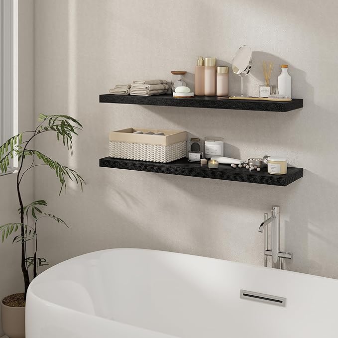 Fun Memories 40 Inch Floating Shelves Set of 2, 8 Inch Deep Wall Shelf, Rustic Wood Storage Shelves for Bedroom, Kitchen, Bathroom, Wall-Mounted Shelf with Invisible Brackets for Books|Storage Black