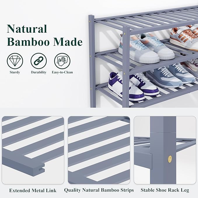 Smiry Shoe Rack, 4 Tier Thick Bamboo Shoe Organizer, Stackable Free Standing Wooden Shoe Storage Shelf for Closet, Entryway, Front Door Entrance, Grey