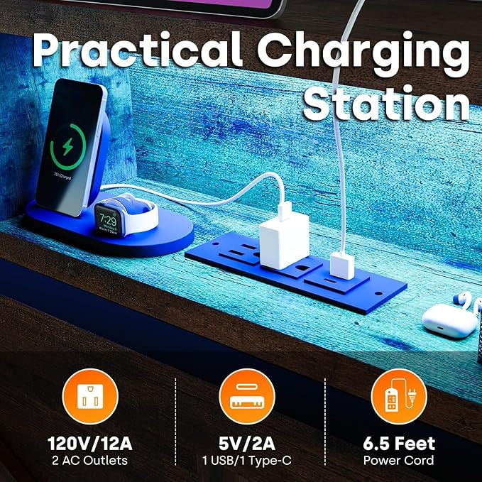 Farmhouse Full Bed Frame with Bookcase Storage Headboard, Charging Station, LED Light and 2 Storage Drawers, Noise Free, No Box Spring Needed, Brown