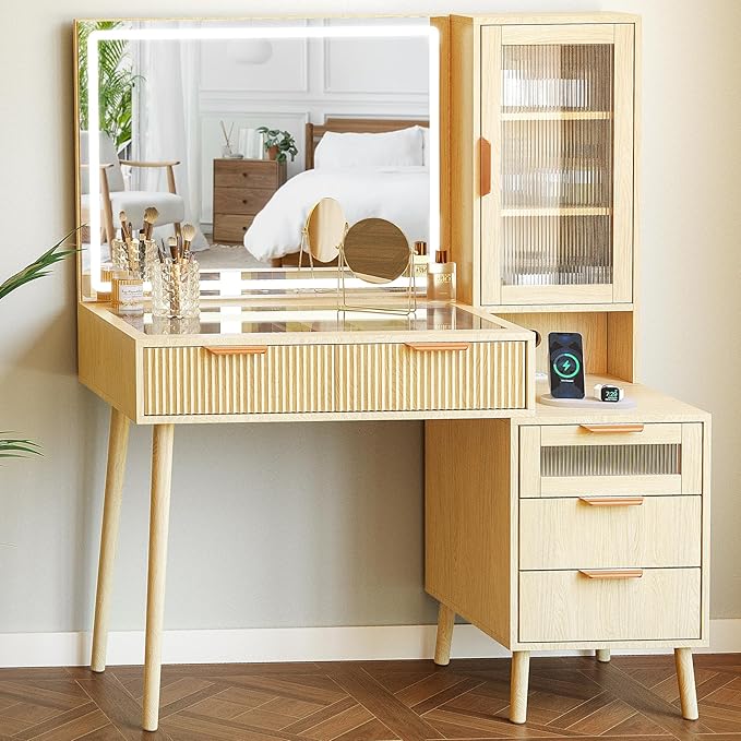 Fluted Makeup Vanity Desk with Mirror and Lights, 5 Drawers Glass Top Makeup Vanity with 4 Storage and 9-Grid Organizer, 3 Color Ribbed Glass Dressing Table with Charging Station, Light Oak
