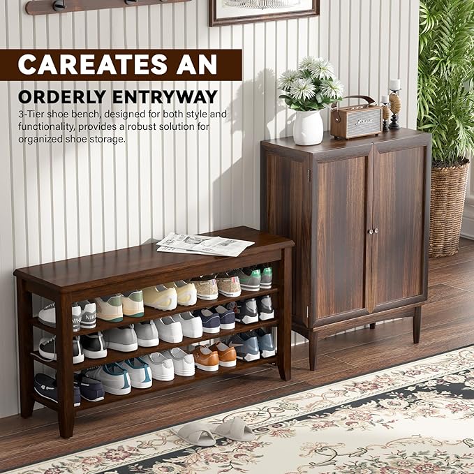 Shoe Bench Storage Rubberwood, Entryway Bench with 3-Tiers Height Adjustable, Shoe Rack Front Door Entrance Organizer for Hallway Living Room, Mudrooms, Walnut,39.4"