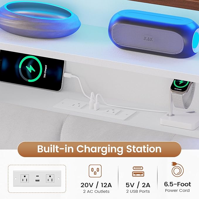AOGLLATI Full Bed Frame with Stylish Bookcase Headboard & Charging Station & LED Lights,Full Size Bed Frame with 4 Storage Drawers, Metal Slats, No Box Spring Needed,White