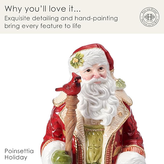 Fitz and Floyd Poinsettia Holiday Santa Clause with Staff Cardinal Bird Ceramic Figurine, Christmas Collectible Décor, 17.5 Inch