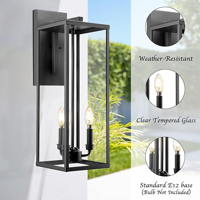 Bestshared Outdoor Wall Lantern, 24 Inch Tall Large Wall Sconce Clear Glass, Anti-Rust Modern Black Outside Lantern Lamp for House Front Porch Doorway Patio (Black, 24"-1 Pack)