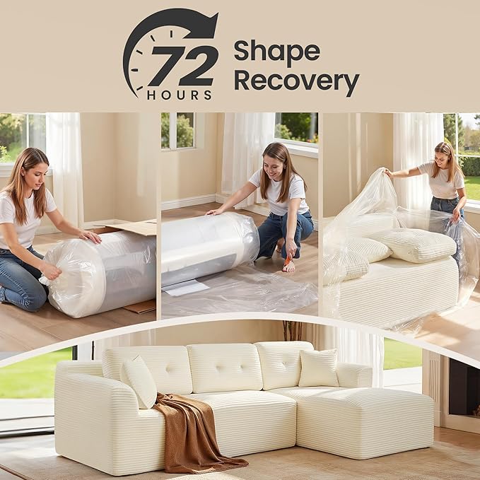 VASAGLE 108.3 Inches Boneless Couch with Chaise, Modular Sectional Sofa, Modern Cloud Couch with Deep Seat, L-Shape Corduroy Sofa for Living Room, Right-Facing Chaise, Bedroom, Cream White ULCS182WD01