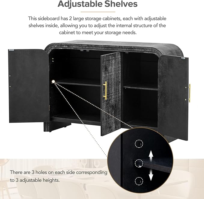 GDFStudio 47.2" Retro Curved Sideboard Storage Cabinet with Adjustable Shelves & Gold Handles, MDF Buffet Table Coffee Bars Cupboard for Living Room Dining Room Kitchen Entryway, Antique Black-2