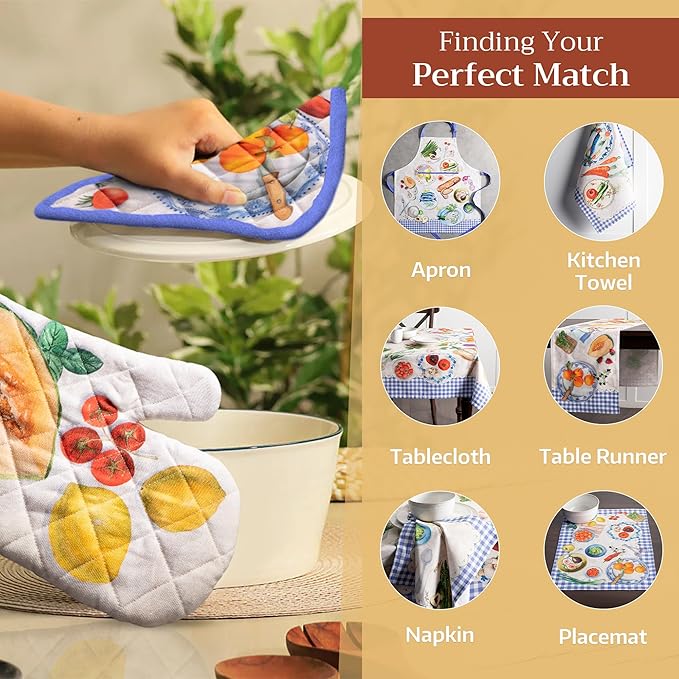 Maison d' Hermine Pot Holders Set 100% Cotton Heat Resistant Potholders 8" x 8" Hot Pads with Loop BBQ, Cooking, Baking, Grilling, Kitchen, Handling Hot Pans Spring/Summer (Pack of 2, Gourmand)