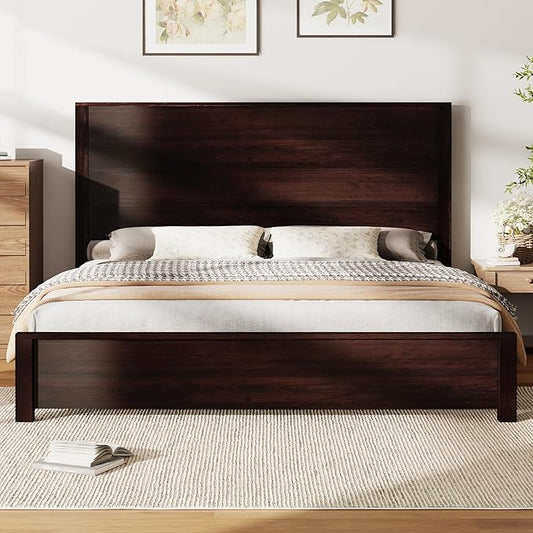 AMERLIFE King Size Bed Frame with 51.2" Spliced Headboard, Rustic Bedframe Wood Platform Bed/Wood Slats Support, No Box Spring Needed, Noiseless, Dark Brown