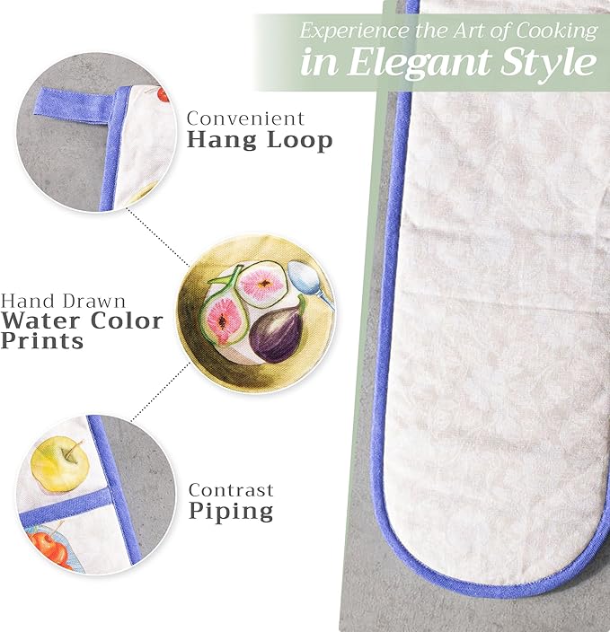 Maison d' Hermine Double Oven Mitts 100% Cotton 7"x35" Double Oven Mitt Heat Resistant BBQ Cooking Gloves with Loop, Baking, Grilling, Home, Kitchen, Handling Hot Pans Spring Summer (Gourmand)