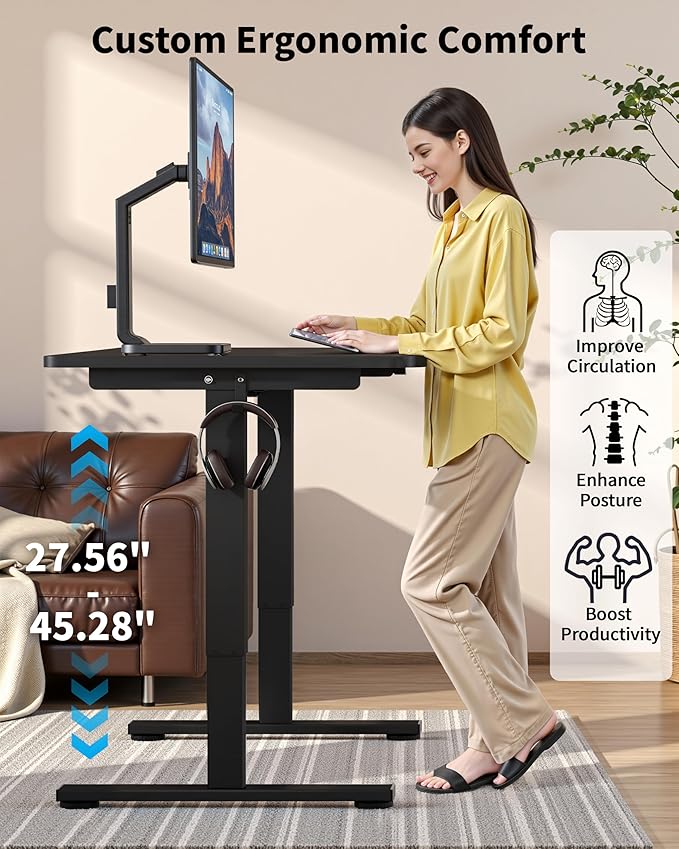 Okin Small Electric Standing Desk, 40 x 24 Inches Whole Piece Height Adjustable Desk, Black Sit to Stand Desks Computer Workstation for Home Office