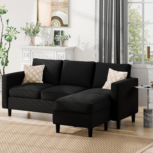 Nuturelly Convertible Sectional Sofa Couch with Movable Ottoman, 3-Seater Modern L-Shaped Sofa for Small Spaces, Soft Fabric Couch for Living Room, Small Apartment & Office(Black)