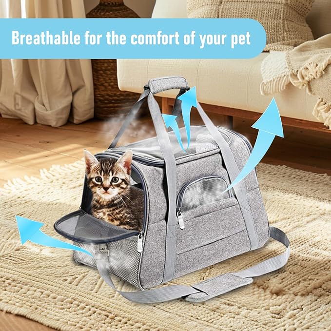 Expandable Cat Carrier for Travel, Soft-Sided Pet Carrier for Cats and Small Dogs, Airline Approved, Comfortable & Breathable Cat Carrying Bag with Adjustable Strap for Daily Use & Airplane(Gray)