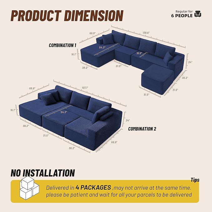 138" Boneless Couch with Deep Seat, Modular Sectional Sofa, Cloud Sectional Couch for Living Room, No Assembly Required, Corduroy, U-Shape 4 Seater Left, Blue