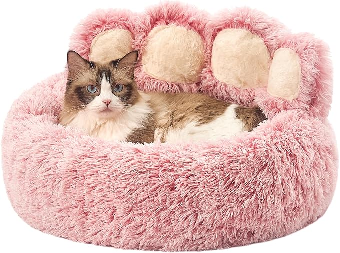 Jiupety Paw Shape Calming Pet Bed, Plush Faux Fur Donut Bed for Dogs & Cats, Machine Washable, Non-Slip Bottom, Medium (22"×22"×6"), Pink